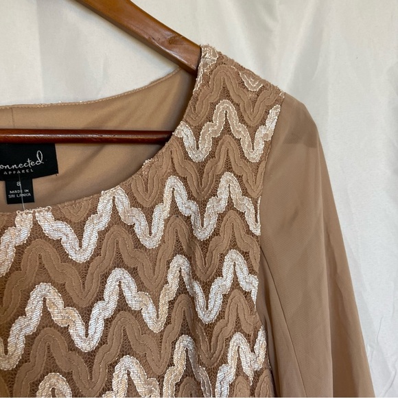 CONNECTED APPAREL Women’s Tan Cream Lace Sheath Dress Flowy Long Sleeve Size 8 - Picture 7 of 14